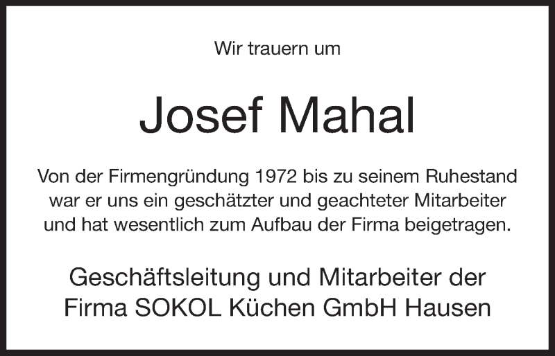  Traueranzeige für Josef Mahal vom 25.07.2017 aus MGO