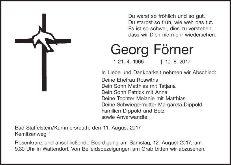  Traueranzeige für Georg Förner vom 11.08.2017 aus MGO