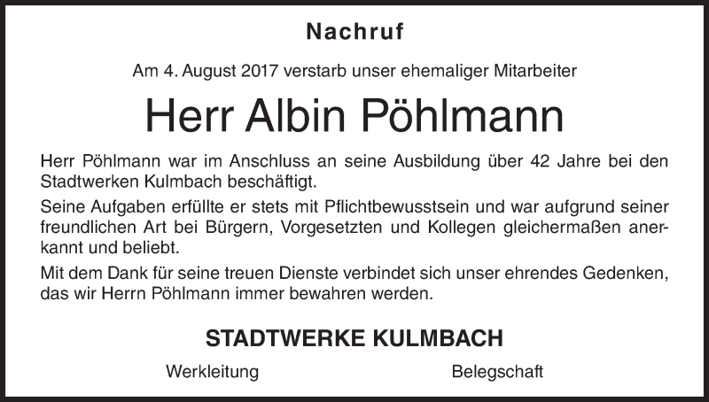  Traueranzeige für Albin Pöhlmann vom 14.08.2017 aus MGO