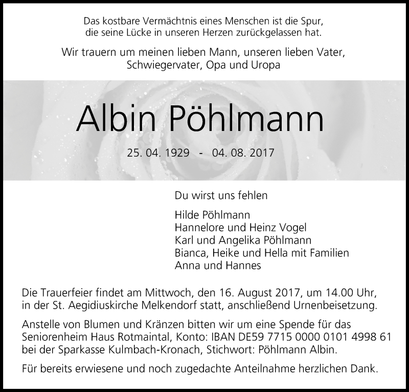  Traueranzeige für Albin Pöhlmann vom 12.08.2017 aus MGO