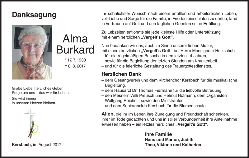  Traueranzeige für Alma Burkard vom 25.08.2017 aus MGO