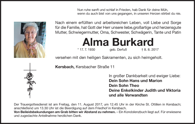  Traueranzeige für Alma Burkard vom 10.08.2017 aus MGO