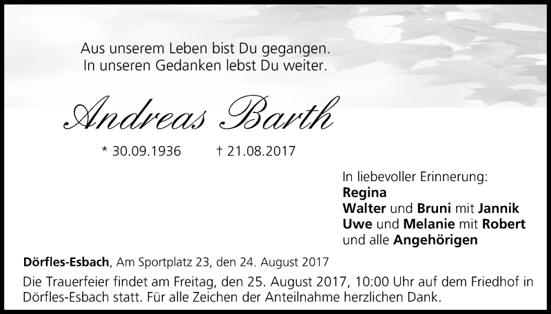  Traueranzeige für Andreas Barth vom 24.08.2017 aus MGO