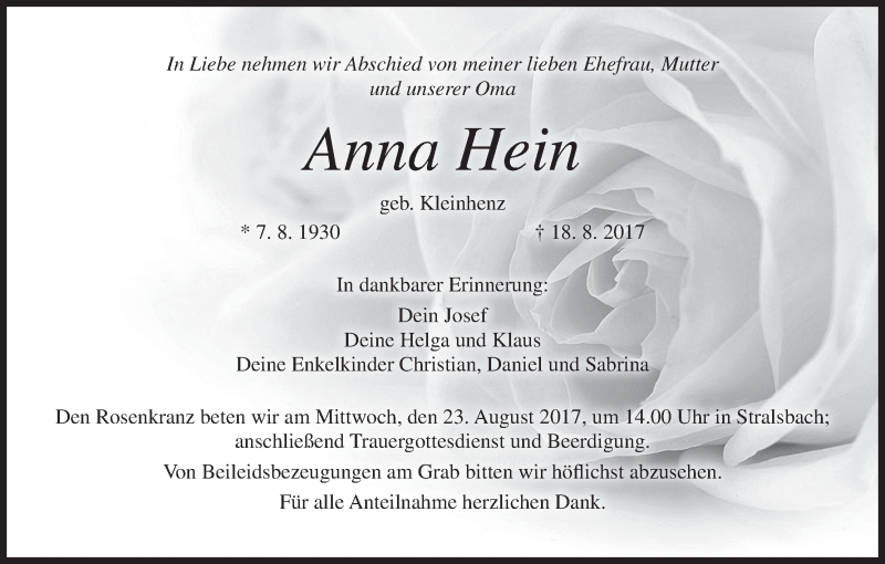  Traueranzeige für Anna Hein vom 21.08.2017 aus MGO