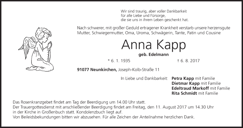  Traueranzeige für Anna Kapp vom 09.08.2017 aus MGO