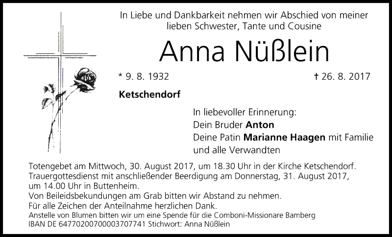  Traueranzeige für Anna Nüßlein vom 29.08.2017 aus MGO
