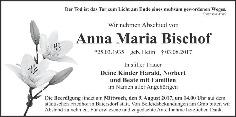  Traueranzeige für Anna Maria Bischof vom 05.08.2017 aus MGO
