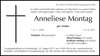 Anzeige von Anneliese Montag von MGO