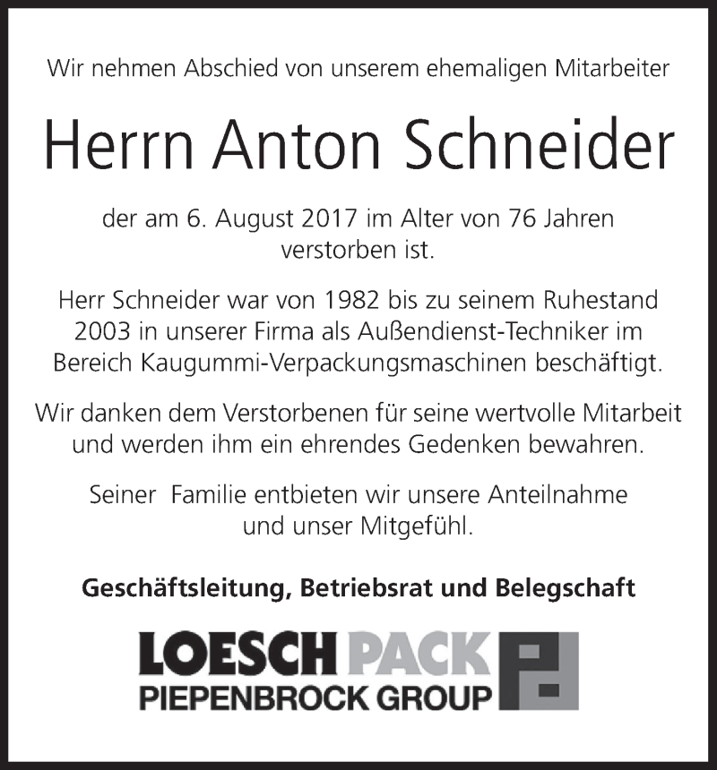  Traueranzeige für Anton Schneider vom 22.08.2017 aus MGO