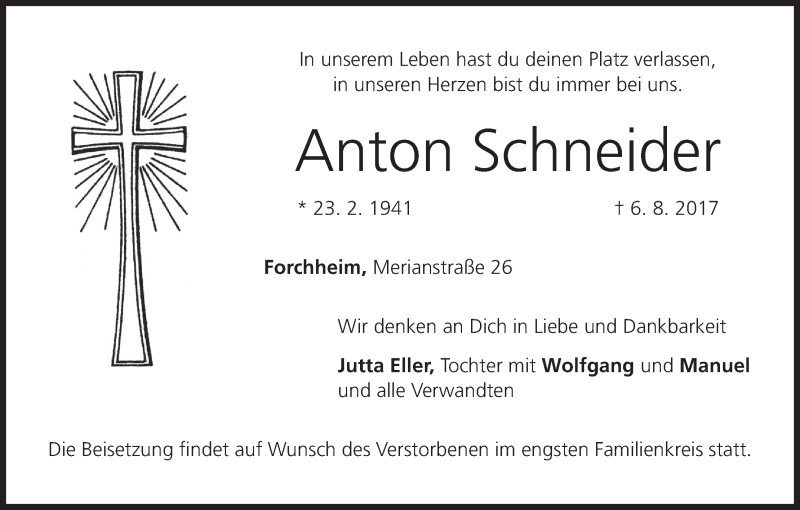  Traueranzeige für Anton Schneider vom 12.08.2017 aus MGO