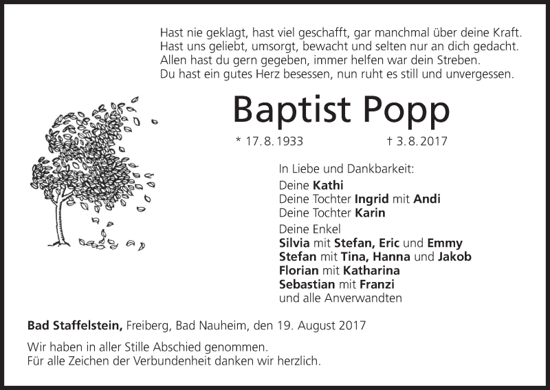  Traueranzeige für Baptist Popp vom 19.08.2017 aus MGO
