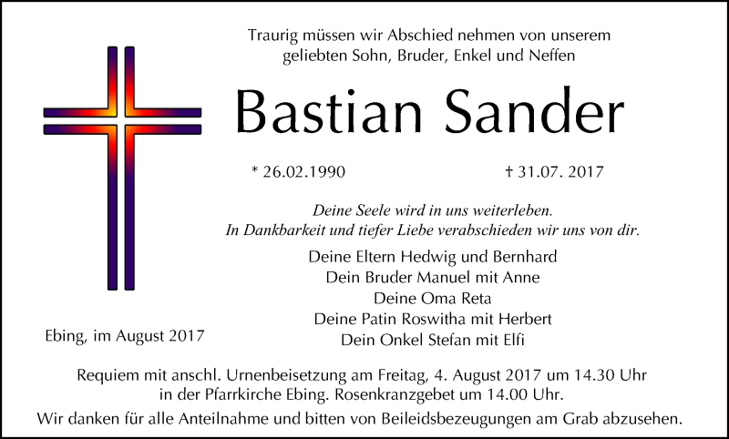  Traueranzeige für Bastian Sander vom 02.08.2017 aus MGO