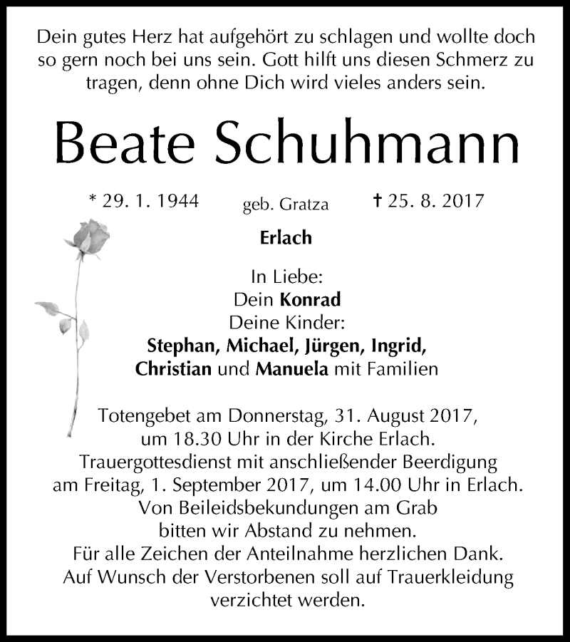  Traueranzeige für Beate Schuhmann vom 30.08.2017 aus MGO