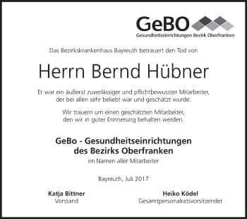 Anzeige von Bernd Hübner von MGO
