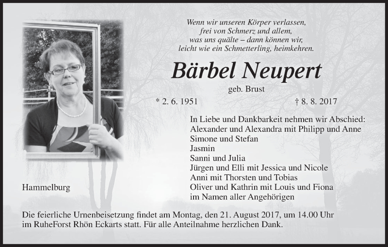  Traueranzeige für Bärbel Neupert vom 12.08.2017 aus MGO