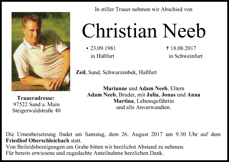 Traueranzeige für Christian Neeb vom 23.08.2017 aus MGO