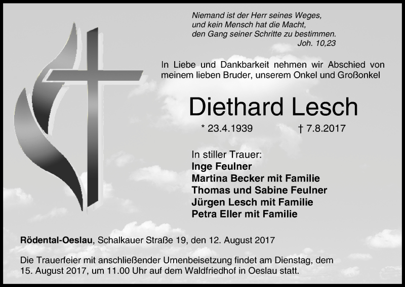 Traueranzeige für Diethard Lesch vom 12.08.2017 aus MGO
