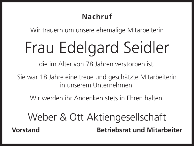  Traueranzeige für Edelgard Seidler vom 08.08.2017 aus MGO