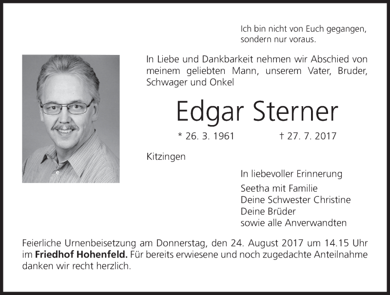  Traueranzeige für Edgar Sterner vom 21.08.2017 aus MGO
