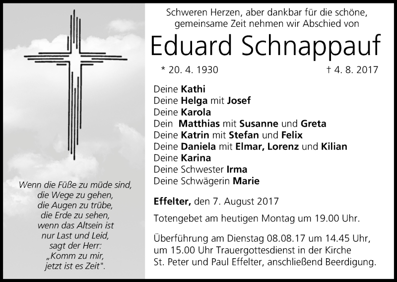  Traueranzeige für Eduard Schnappauf vom 07.08.2017 aus MGO