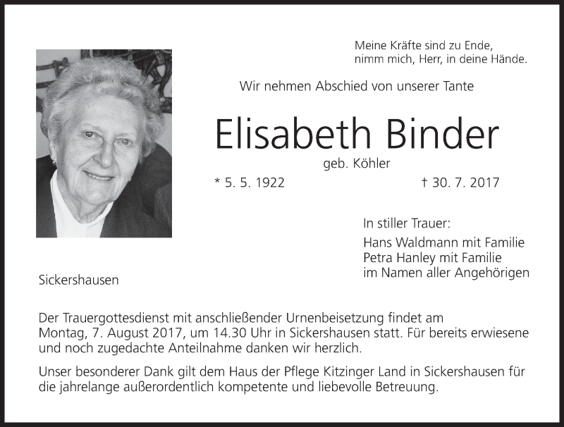  Traueranzeige für Elisabeth Binder vom 05.08.2017 aus MGO