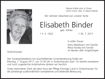 Anzeige von Elisabeth Binder von MGO