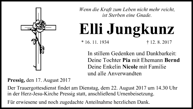  Traueranzeige für Elli Jungkunz vom 17.08.2017 aus MGO