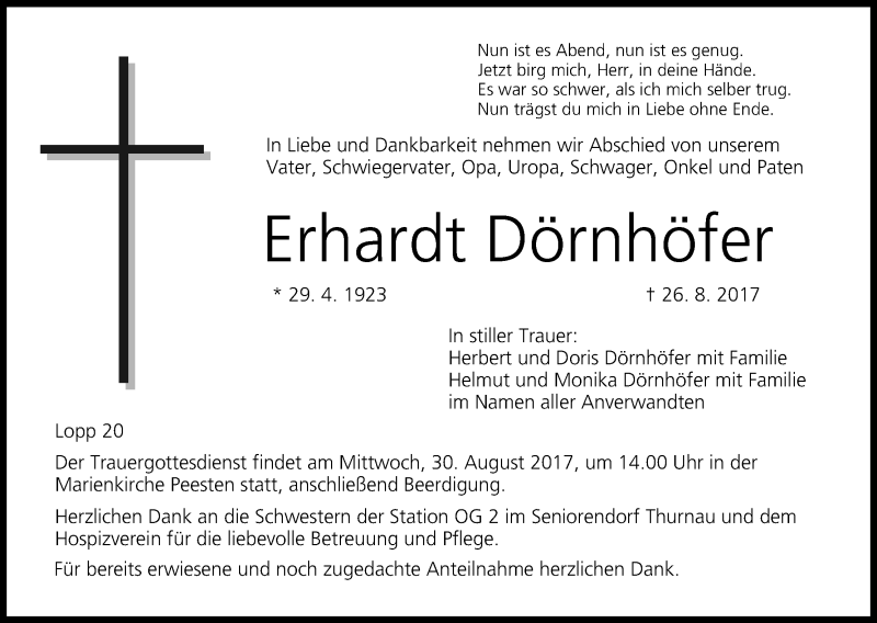  Traueranzeige für Erhardt Dörnhöfer vom 29.08.2017 aus MGO