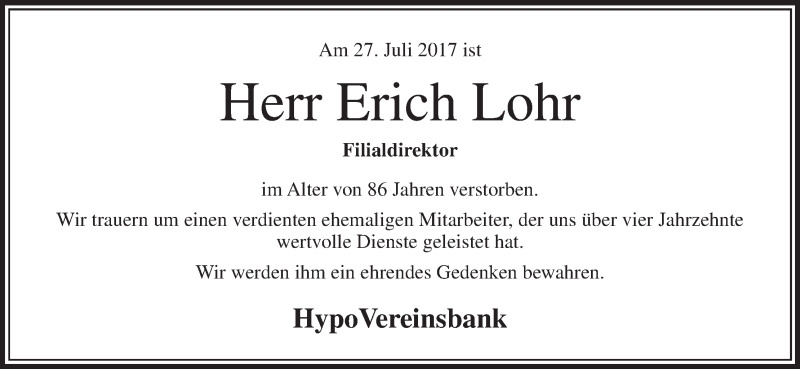  Traueranzeige für Erich Lohr vom 14.08.2017 aus MGO