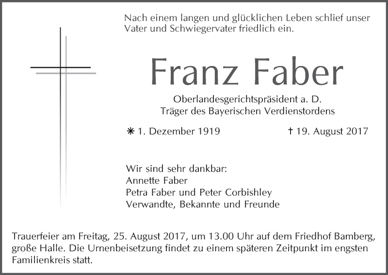  Traueranzeige für Franz Faber vom 22.08.2017 aus MGO