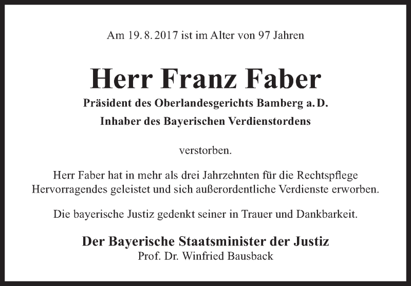  Traueranzeige für Franz Faber vom 28.08.2017 aus MGO