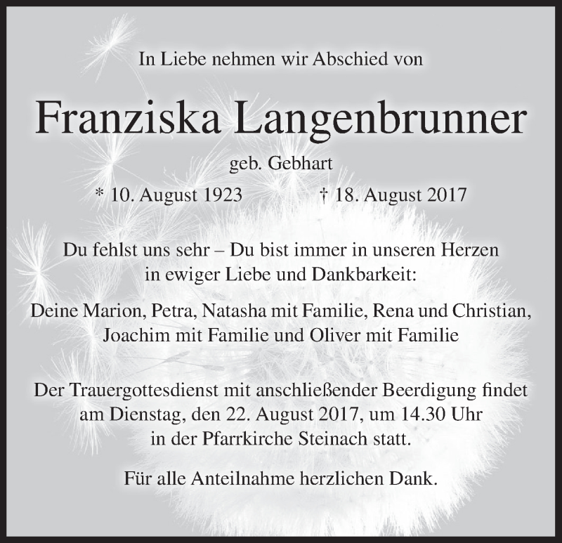  Traueranzeige für Franziska Langenbrunner vom 21.08.2017 aus MGO