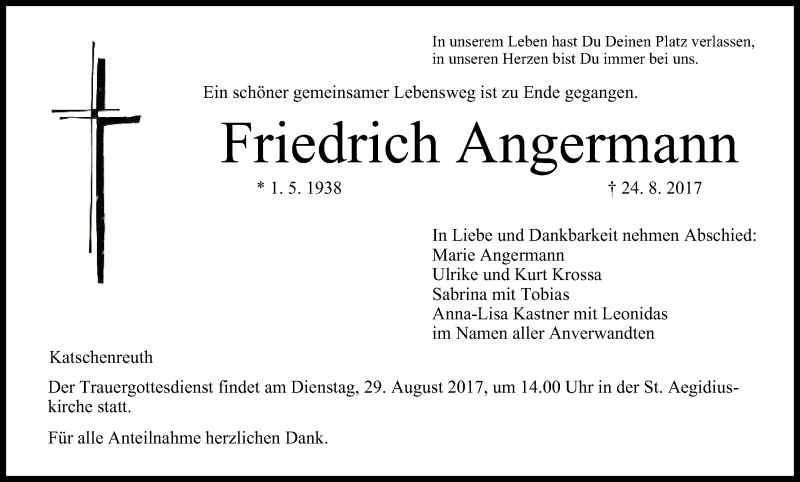  Traueranzeige für Friedrich Angermann vom 28.08.2017 aus MGO