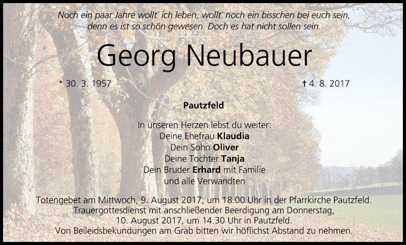  Traueranzeige für Georg Neubauer vom 07.08.2017 aus MGO