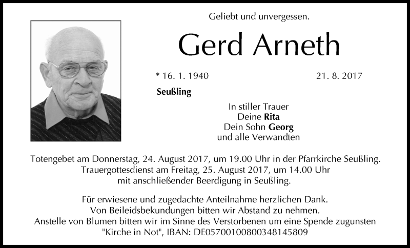  Traueranzeige für Gerd Arneth vom 23.08.2017 aus MGO