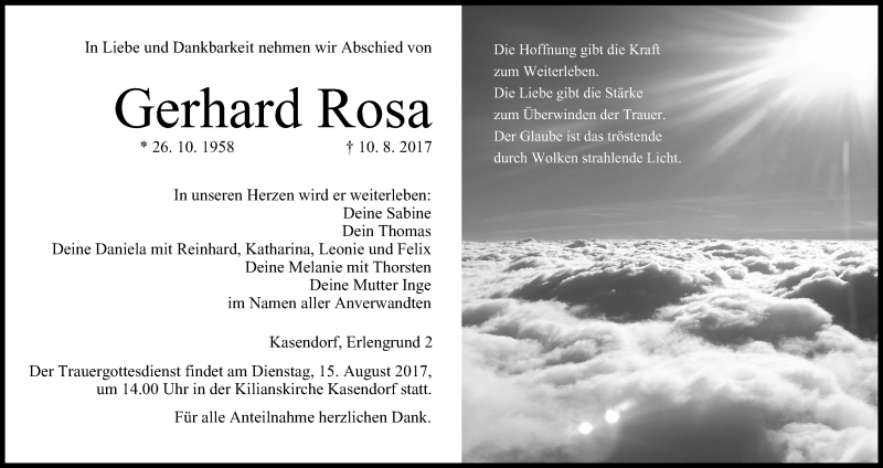  Traueranzeige für Gerhard Rosa vom 12.08.2017 aus MGO