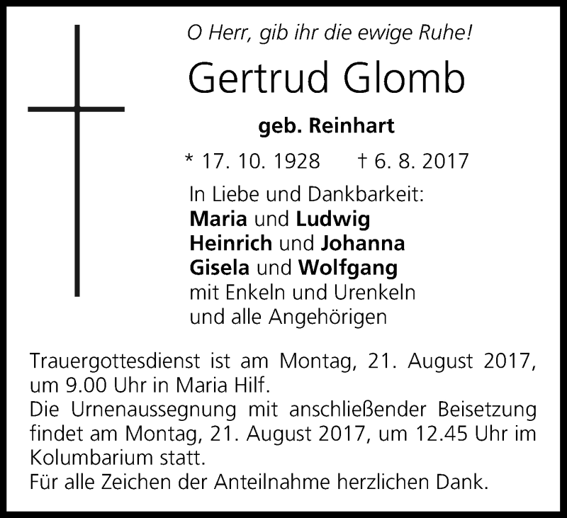  Traueranzeige für Gertrud Glomb vom 19.08.2017 aus MGO