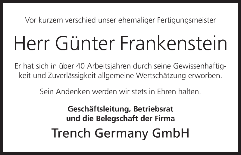  Traueranzeige für Günter Frankenstein vom 03.08.2017 aus MGO
