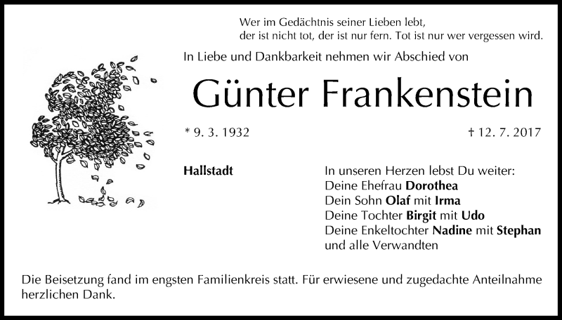  Traueranzeige für Günter Frankenstein vom 01.08.2017 aus MGO