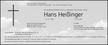 Anzeige von Hans Heißinger von MGO