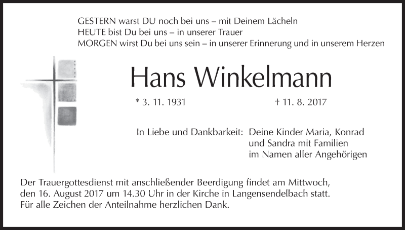  Traueranzeige für Hans Winkelmann vom 14.08.2017 aus MGO