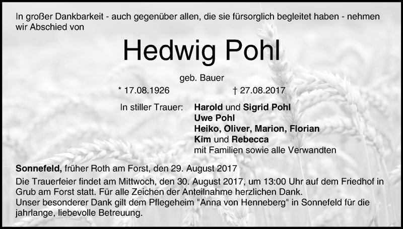 Traueranzeige für Hedwig Pohl vom 29.08.2017 aus MGO
