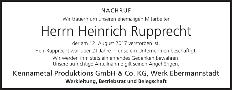  Traueranzeige für Heinrich Rupprecht vom 18.08.2017 aus MGO