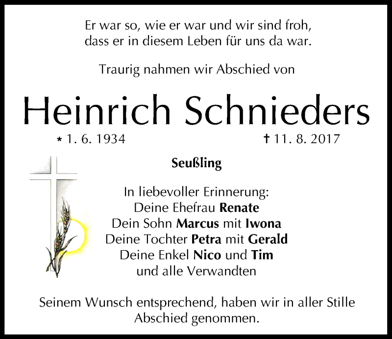  Traueranzeige für Heinrich Schnieders vom 29.08.2017 aus MGO