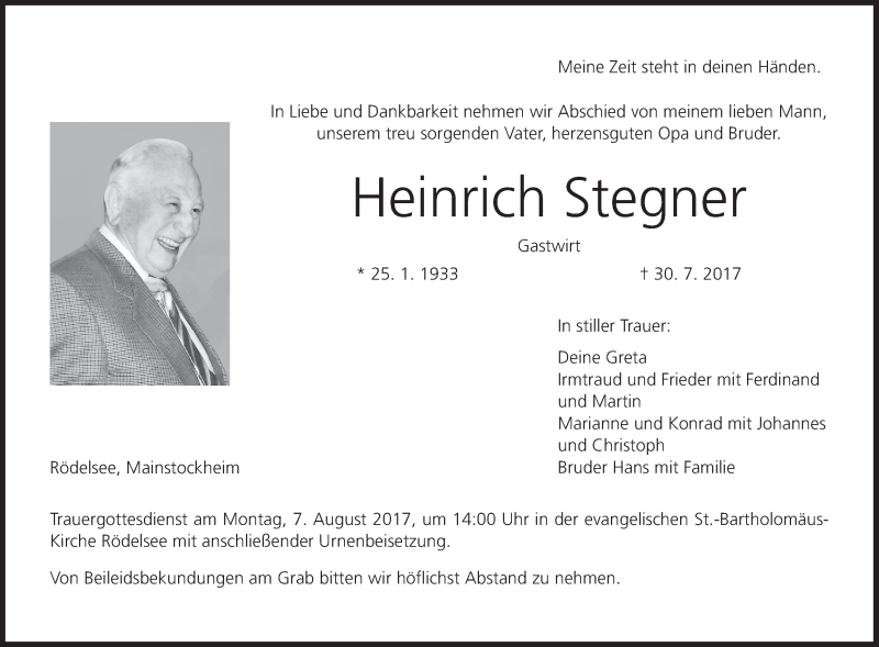  Traueranzeige für Heinrich Stegner vom 03.08.2017 aus MGO
