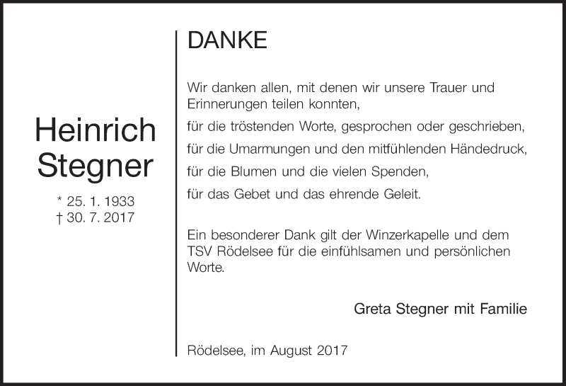  Traueranzeige für Heinrich Stegner vom 18.08.2017 aus MGO