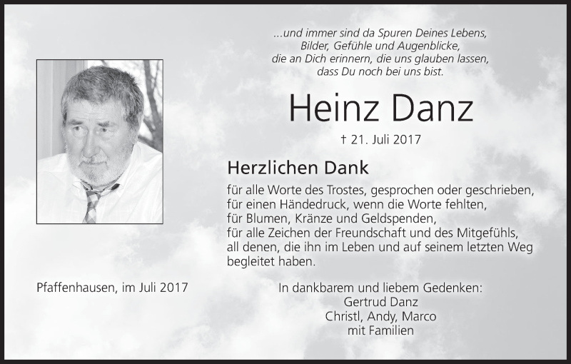  Traueranzeige für Heinz Danz vom 05.08.2017 aus MGO