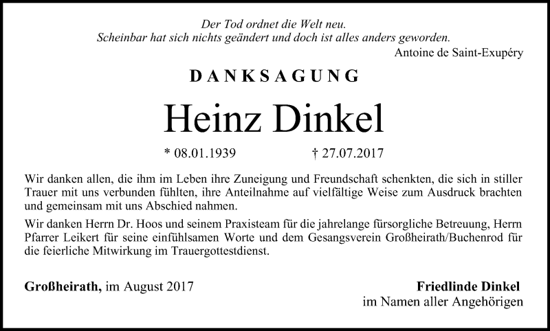  Traueranzeige für Heinz Dinkel vom 05.08.2017 aus MGO