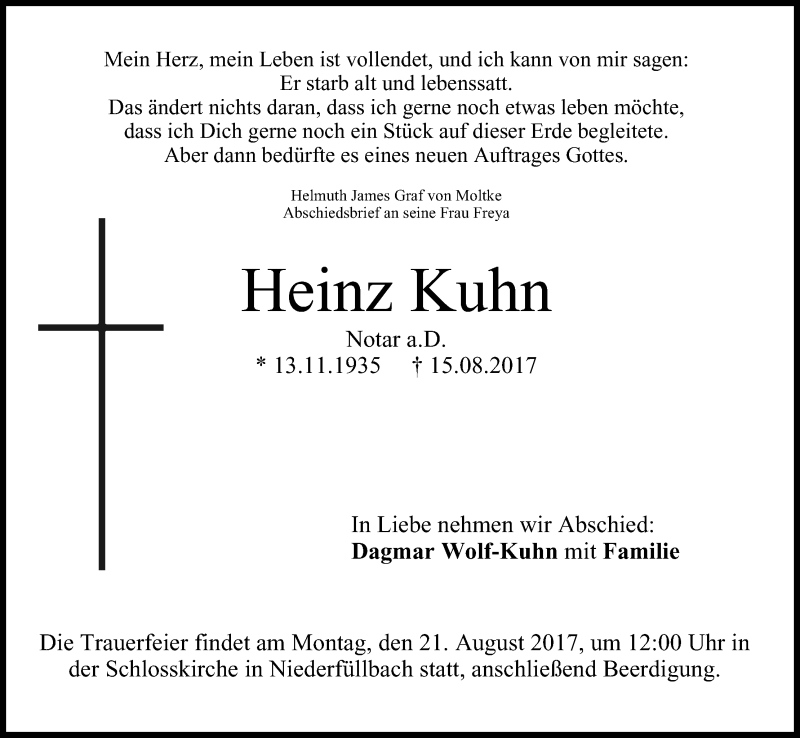  Traueranzeige für Heinz Kuhn vom 19.08.2017 aus MGO