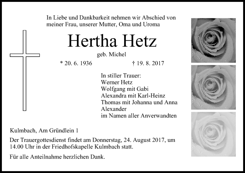  Traueranzeige für Hertha Hetz vom 22.08.2017 aus MGO